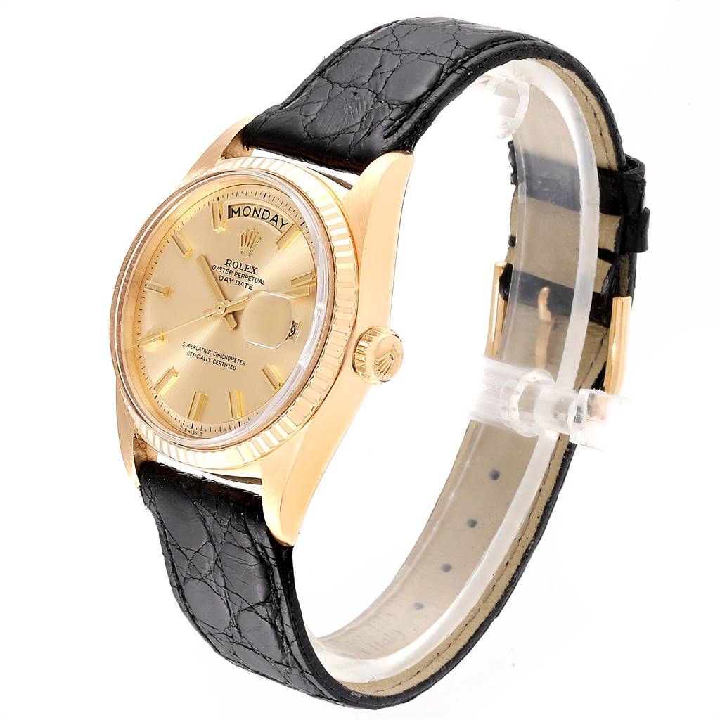 The Rolex Vintage Collection 1803 Men's Yellow Gold Champagne Dial 1803 Men's Yellow Gold Champagne Dial watch is shown at an angle displaying the dial, bezel, crown, and black leather strap.