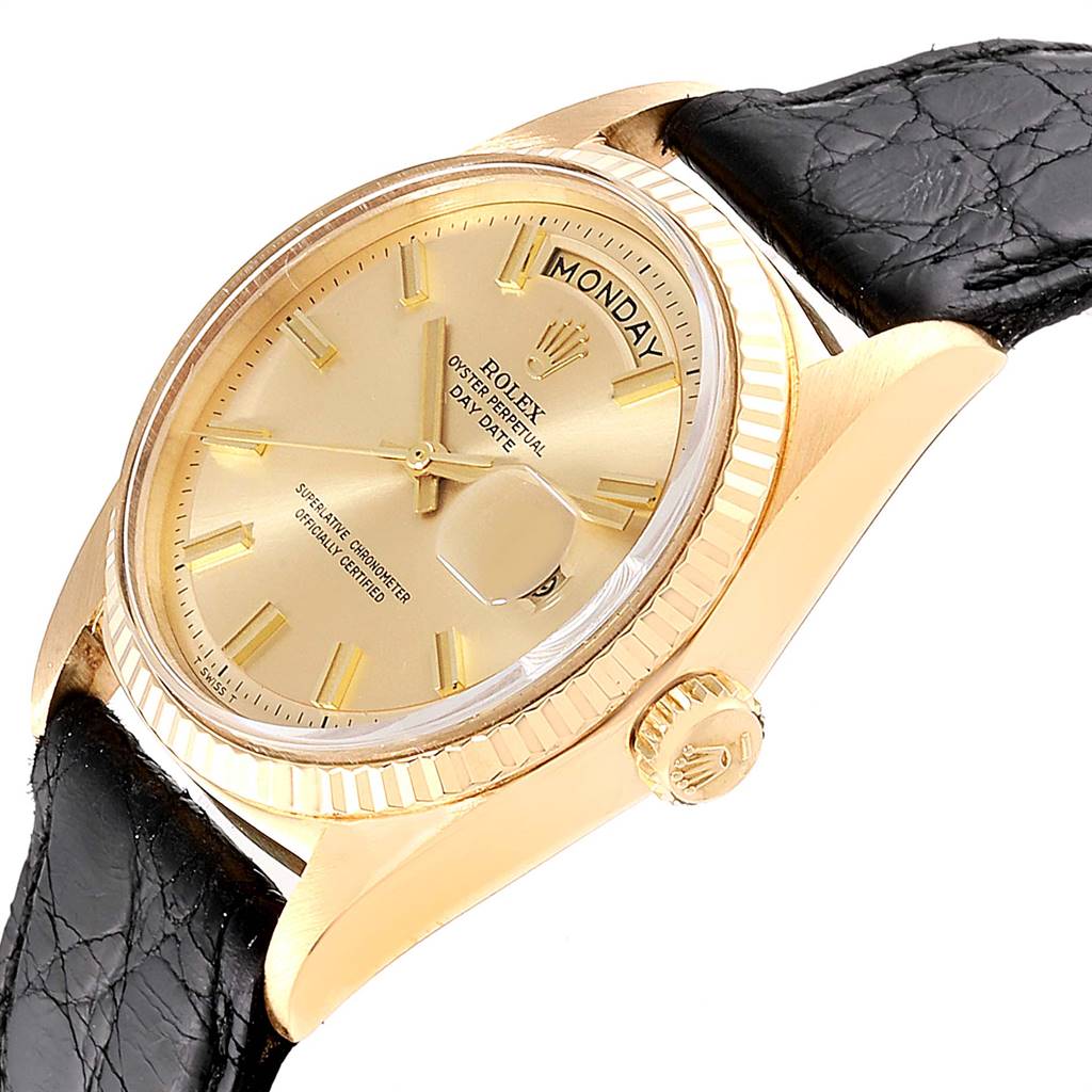 The image shows a close-up angle of the Rolex Vintage Collection 1803 Men's Yellow Gold Champagne Dial 1803 Men's Yellow Gold Champagne Dial watch, highlighting the dial, bezel, and part of the leather strap.