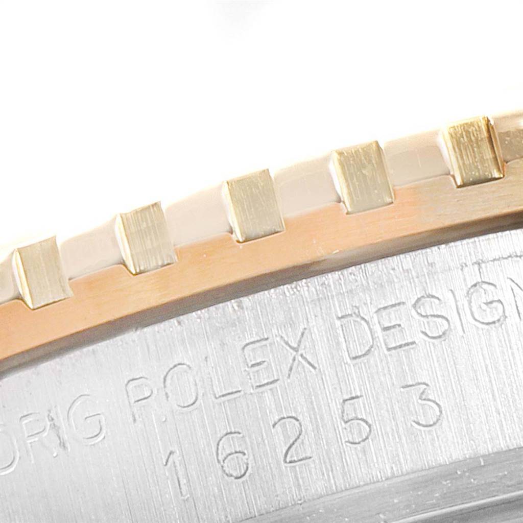 Close-up angle of the bezel and case back of the Rolex Vintage Collection 26251 Men
s Steel and Gold (two tone) Champagne Dial 26251 Men
s Steel and Gold (two tone) Champagne Dial model.