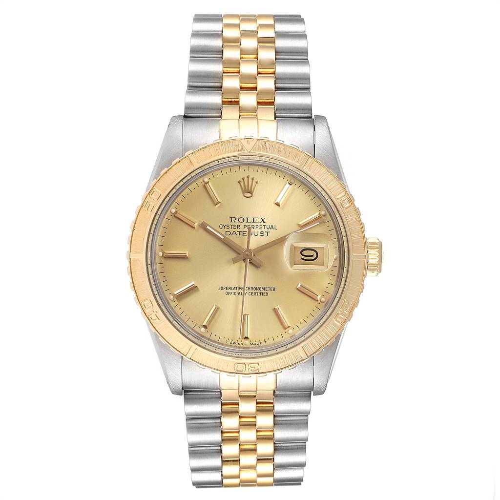 The image shows a front view of the Rolex Vintage Collection 26251 Men
s Steel and Gold (two tone) Champagne Dial 26251 Men
s Steel and Gold (two tone) Champagne Dial Oyster Perpetual Datejust watch, highlighting its dial, bezel, and bracelet.