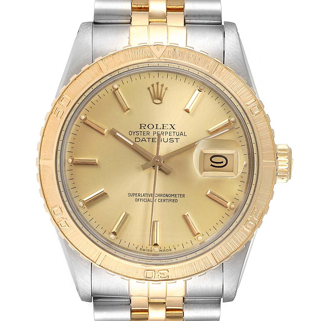 The image shows a frontal view of the Rolex Vintage Collection 26251 Men
s Steel and Gold (two tone) Champagne Dial 26251 Men
s Steel and Gold (two tone) Champagne Dial Datejust watch, highlighting the dial, bezel, crown, and part of the bracelet.