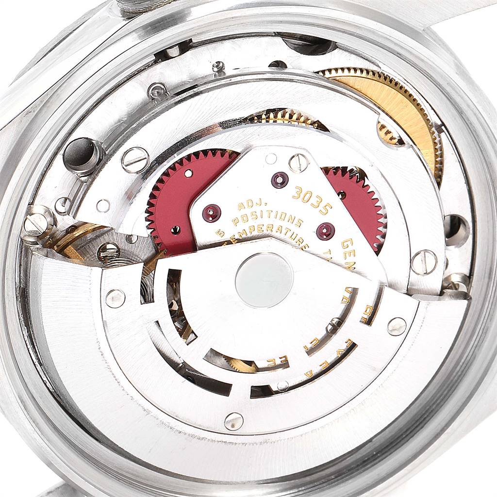 This image shows a close-up view of the movement mechanism of a Rolex Vintage Collection 16030 Men's Stainless Steel Grey Dial 16030 Men's Stainless Steel Grey Dial model watch.