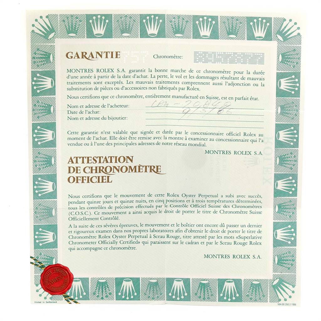 This is a warranty and chronometer certificate for the Vintage Collection model by Rolex.