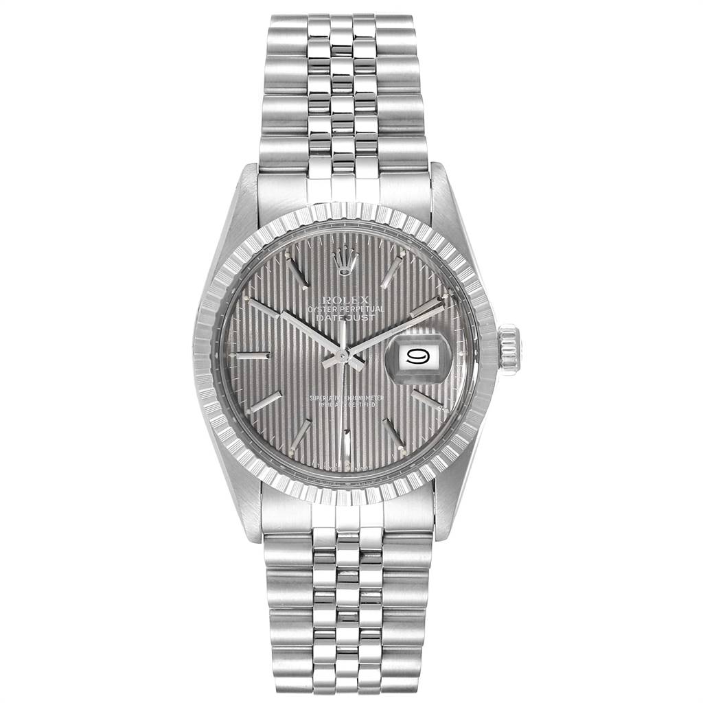 This image shows a front view of the Rolex Vintage Collection 16030 Men's Stainless Steel Grey Dial 16030 Men's Stainless Steel Grey Dial model, highlighting the watch face and metal bracelet.