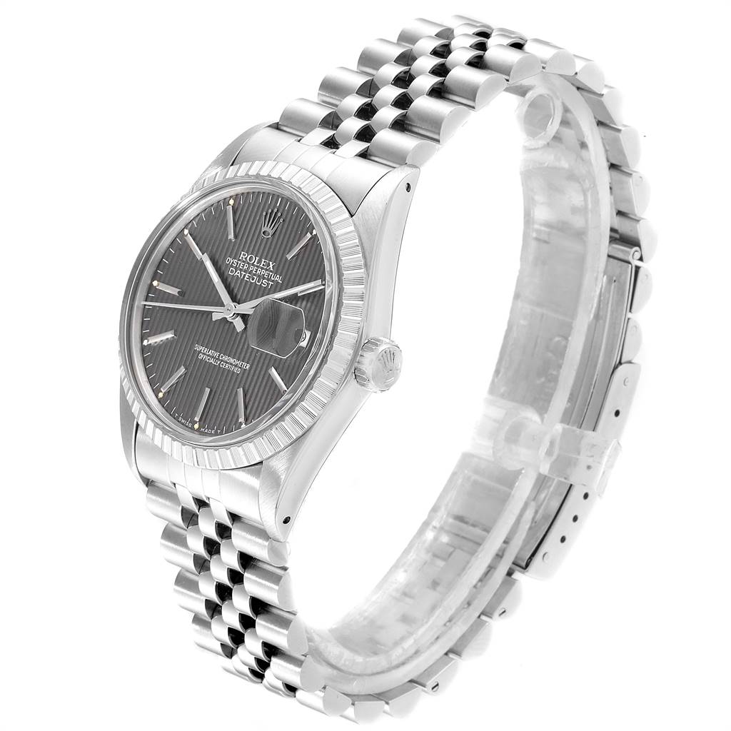 The image shows a side angle of the Rolex Vintage Collection 16030 Men's Stainless Steel Grey Dial 16030 Men's Stainless Steel Grey Dial model, highlighting the face, fluted bezel, crown, and jubilee bracelet.