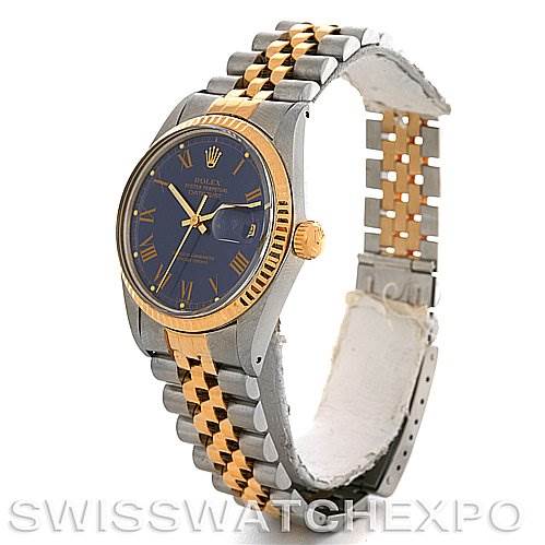 The image shows the Rolex Vintage Collection 16013 Men's Stainless Steel Blue Dial 16013 Men's Stainless Steel Blue Dial watch from an angle displaying the face, bezel, and the two-tone metal bracelet.