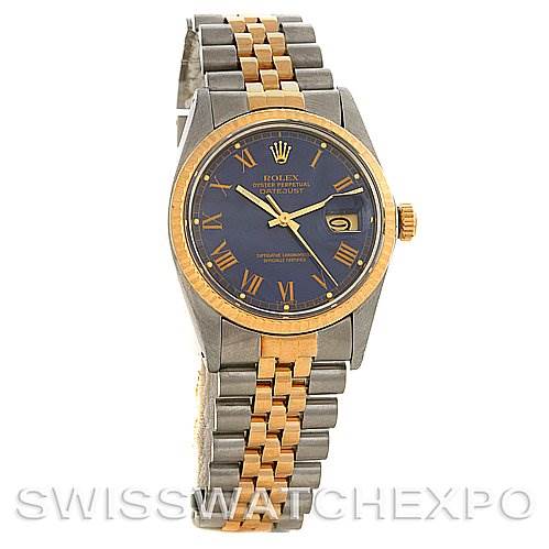This image shows a Rolex Vintage Collection 16013 Men's Stainless Steel Blue Dial 16013 Men's Stainless Steel Blue Dial watch with a blue dial, gold bezel, and two-tone bracelet, viewed from the front at a slight angle.