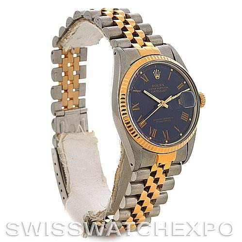 This image shows a Rolex Vintage Collection 16013 Men's Stainless Steel Blue Dial 16013 Men's Stainless Steel Blue Dial model watch at an angle highlighting its face, bezel, and two-tone metal band.