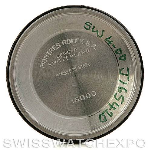 The image shows the inside of the case back of a Rolex Vintage Collection 16013 Men's Stainless Steel Blue Dial 16013 Men's Stainless Steel Blue Dial watch, including engravings and handwritten markings.