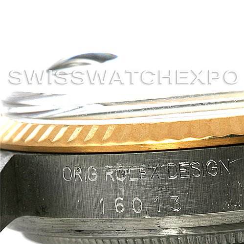 The image shows a close-up side angle of the Rolex Vintage Collection 16013 Men's Stainless Steel Blue Dial 16013 Men's Stainless Steel Blue Dial watch, highlighting the model number 16013 and the "Orig Rolex Design" engraving.