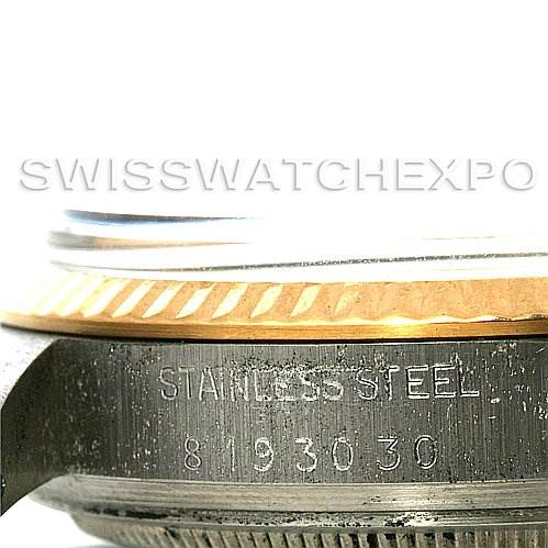 The image shows a close-up side view of the case and bezel of a Rolex Vintage Collection 16013 Men's Stainless Steel Blue Dial 16013 Men's Stainless Steel Blue Dial watch, displaying the serial number "8193030" and "STAINLESS STEEL" engraving.