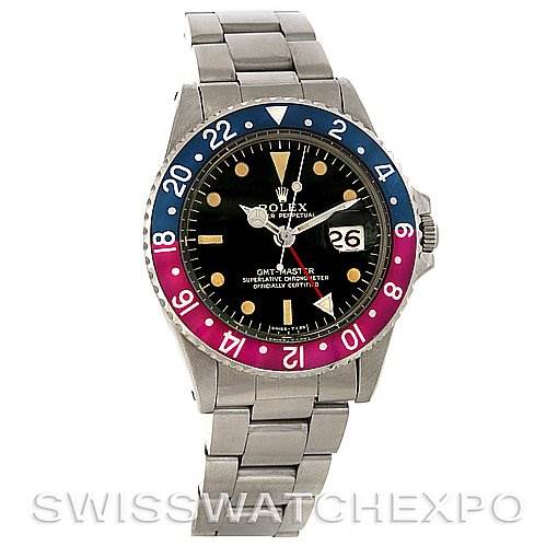 This image shows a front view of the Rolex Vintage Collection 1675 Men's Stainless Steel Black Dial 1675 Men's Stainless Steel Black Dial GMT-Master watch, displaying the bezel, dial, bracelet, and date window.