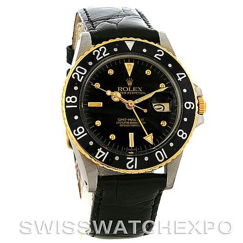 The Rolex Vintage Collection 1675 Men's Stainless Steel Black Dial 1675 Men's Stainless Steel Black Dial model is shown from a front angle, displaying the dial, bezel, and leather strap.