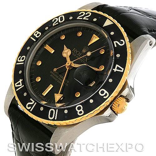 The image shows a side angle of a Vintage Collection Rolex watch, highlighting the face, bezel, crown, and leather strap.
