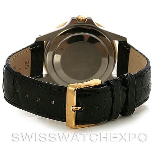 The image shows the back view of the Vintage Collection Rolex watch, featuring its case back and black leather strap with a gold buckle.