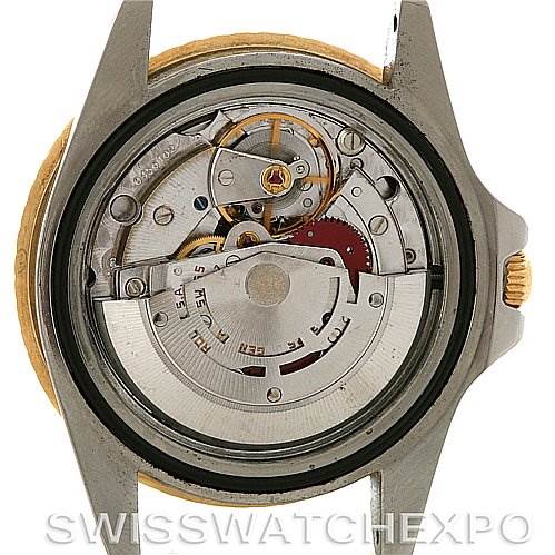 The image shows the back view of the Rolex Vintage Collection 1675 Men's Stainless Steel Black Dial 1675 Men's Stainless Steel Black Dial watch, revealing its internal mechanical components.