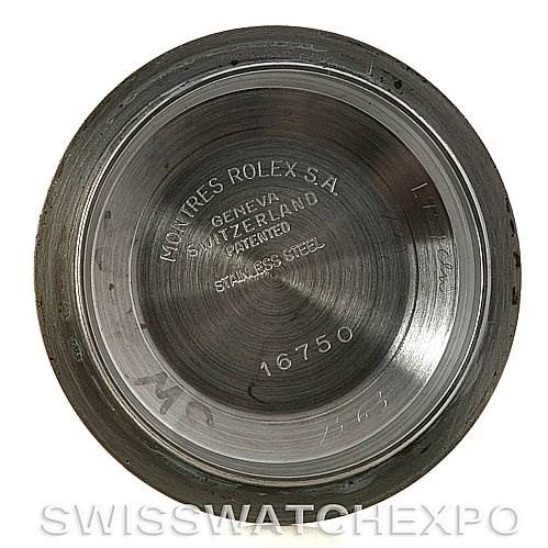 This image shows the inside case back of a Vintage Collection Rolex watch, showcasing engraved details and model number 16750.