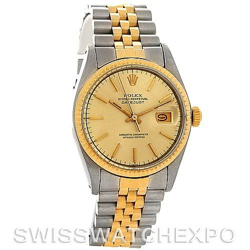The image shows a front view of the Rolex Vintage Collection 16013 Men's Stainless Steel Champagne Dial 16013 Men's Stainless Steel Champagne Dial Datejust, featuring its dial, bezel, and two-tone bracelet.