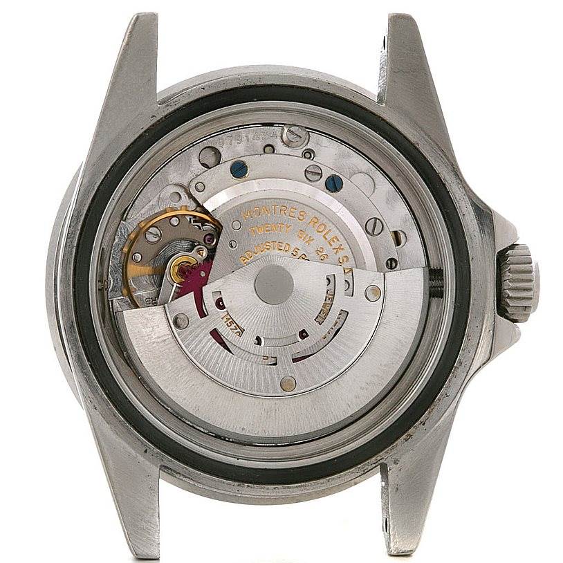 This is a rear view of the Rolex Vintage Collection 1665 Men's Stainless Steel  1665 Men's Stainless Steel  watch, showcasing the internal mechanical movement.