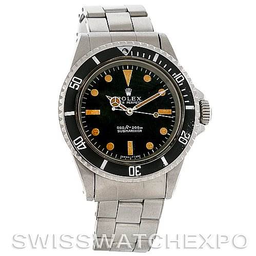 This image shows a front view of the Rolex Vintage Collection 5513 Men's Stainless Steel Black Dial 5513 Men's Stainless Steel Black Dial model watch, featuring its dial, bezel, and stainless steel bracelet.
