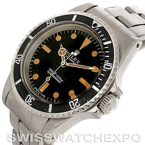 This image shows a close-up, angled view of the Rolex Vintage Collection 5513 Men's Stainless Steel Black Dial 5513 Men's Stainless Steel Black Dial model, highlighting the dial, bezel, and part of the bracelet.