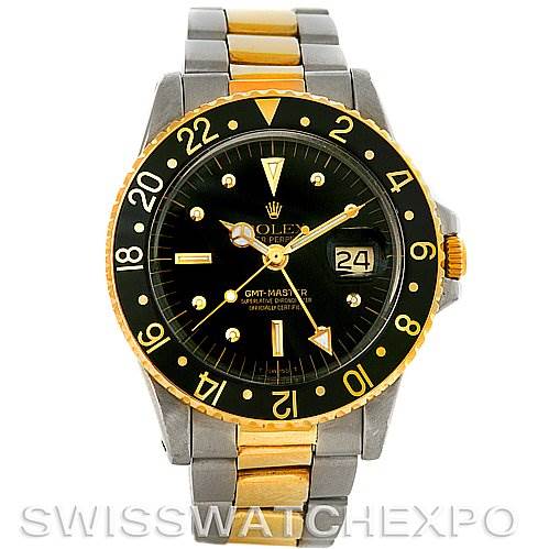 This image shows a front view of a Rolex Vintage Collection 1675 Men's Stainless Steel Black Dial 1675 Men's Stainless Steel Black Dial GMT-Master watch, highlighting the dial, bezel, and part of the bracelet.