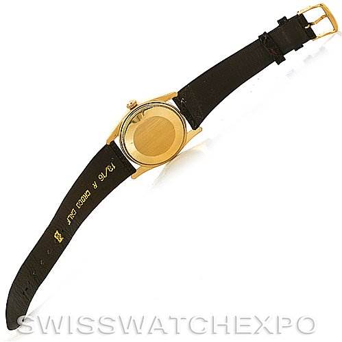 The image shows the back view of a Rolex Vintage Collection 1011 Men's Yellow Gold Champagne Dial 1011 Men's Yellow Gold Champagne Dial watch, displaying the case, crown, and black leather strap with a gold-colored buckle.