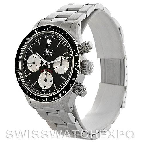 This image shows a side view of the Rolex Vintage Collection 6263 Men
s Stainless Steel Black Dial 6263 Men
s Stainless Steel Black Dial model, displaying the dial, bezel, pushers, crown, and bracelet.