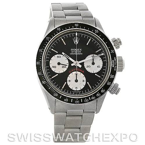 The image shows a front view of a Rolex Vintage Collection 6263 Men
s Stainless Steel Black Dial 6263 Men
s Stainless Steel Black Dial Cosmograph Daytona watch, highlighting the dial, case, and bracelet.