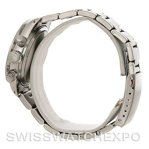 The image shows a side view of the Rolex Vintage Collection 6263 Men
s Stainless Steel Black Dial 6263 Men
s Stainless Steel Black Dial watch, focusing on the case, crown, pushers, and bracelet.