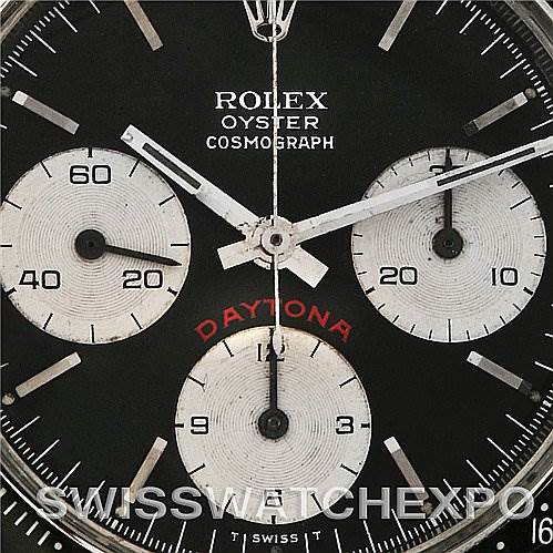 Close-up of the dial of a Rolex Vintage Collection 6263 Men
s Stainless Steel Black Dial 6263 Men
s Stainless Steel Black Dial Cosmograph Daytona watch, showing the subdials and hands.