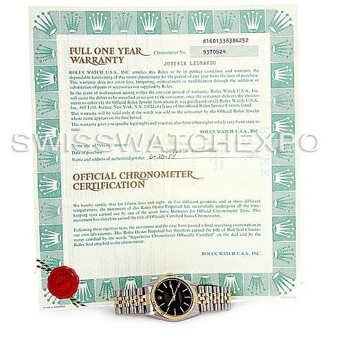 This image displays a Rolex Vintage Collection 16013 Men
s Stainless Steel Black Dial 16013 Men
s Stainless Steel Black Dial watch with its warranty and chronometer certification documents.