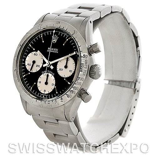 The image shows a side-angle view of a Rolex Vintage Collection 6262 Men's Stainless Steel Black Dial 6262 Men's Stainless Steel Black Dial watch, highlighting its dial, bezel, and bracelet.