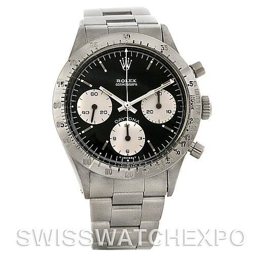 The image shows a front view of the Rolex Vintage Collection 6262 Men's Stainless Steel Black Dial 6262 Men's Stainless Steel Black Dial Daytona Chronograph watch.