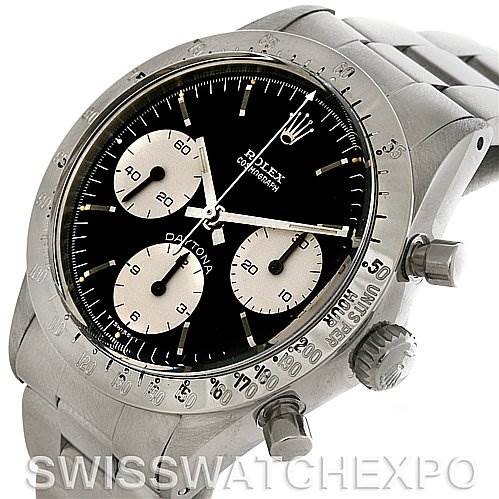 This image shows the face and side of a Rolex Vintage Collection 6262 Men's Stainless Steel Black Dial 6262 Men's Stainless Steel Black Dial Daytona model at a slight angle, highlighting the dial, bezel, and crown.