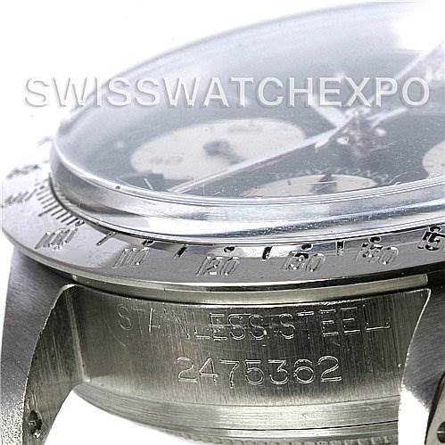 The image shows a close-up side view of the case and bezel of a Rolex Vintage Collection 6262 Men's Stainless Steel Black Dial 6262 Men's Stainless Steel Black Dial watch, highlighting the "STAINLESS STEEL" engraving and serial number.
