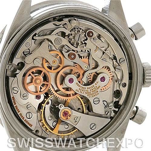 This image shows the back view of a Rolex Vintage Collection 6262 Men's Stainless Steel Black Dial 6262 Men's Stainless Steel Black Dial model, displaying the intricate inner mechanics and gears of the watch.