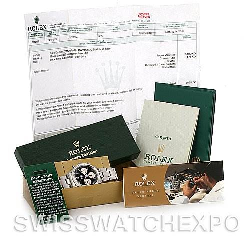 The image displays a Rolex Vintage Collection 6262 Men's Stainless Steel Black Dial 6262 Men's Stainless Steel Black Dial watch with its box, warranty card, instruction manual, and purchase receipts.
