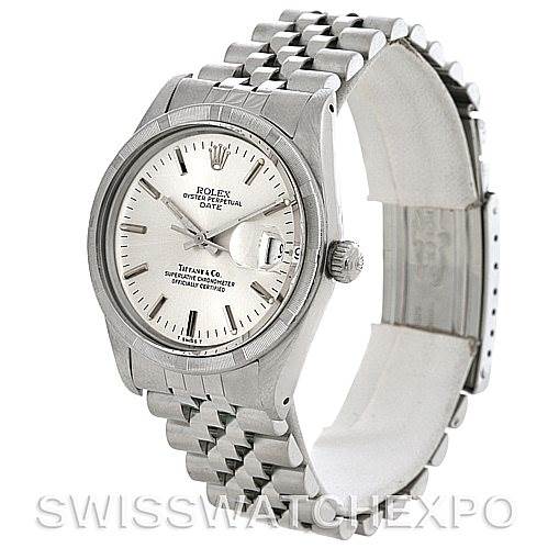 This image shows a Rolex Vintage Collection 15010 Men's Stainless Steel White Dial 15010 Men's Stainless Steel White Dial watch from an angled perspective, including its face, bezel, crown, and bracelet.