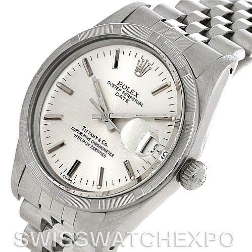 The image shows a close-up, angled view of the Rolex Vintage Collection 15010 Men's Stainless Steel White Dial 15010 Men's Stainless Steel White Dial watch's face, band, crown, and bezel.