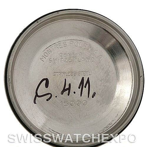 This is the interior view of the case back for a Rolex Vintage Collection 15010 Men's Stainless Steel White Dial 15010 Men's Stainless Steel White Dial watch, showing engraved details and handwritten markings.