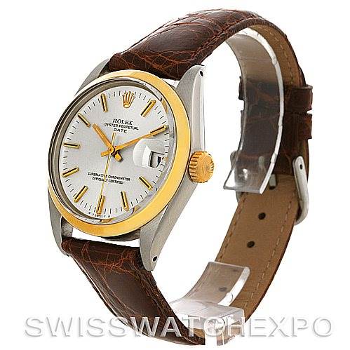 The image shows a side angle of the Rolex Vintage Collection 1500 Men's Steel and Gold (two tone) Silver Dial 1500 Men's Steel and Gold (two tone) Silver Dial watch, highlighting the dial, crown, and brown leather strap.