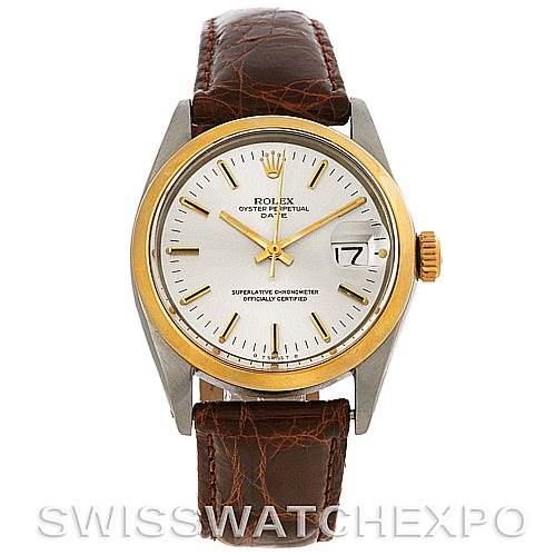 The image shows a front view of the Rolex Vintage Collection 1500 Men's Steel and Gold (two tone) Silver Dial 1500 Men's Steel and Gold (two tone) Silver Dial watch, highlighting the dial, bezel, crown, and leather strap.