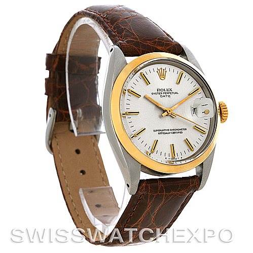 The Rolex Vintage Collection 1500 Men's Steel and Gold (two tone) Silver Dial 1500 Men's Steel and Gold (two tone) Silver Dial model is shown at an angle highlighting the face, gold bezel, crown, and brown leather strap.