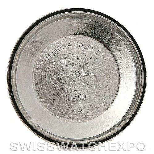 The image shows the inside caseback of a Rolex Vintage Collection 1500 Men's Steel and Gold (two tone) Silver Dial 1500 Men's Steel and Gold (two tone) Silver Dial model, highlighting the engraving "MONTRES ROLEX S.A." and other specifications.