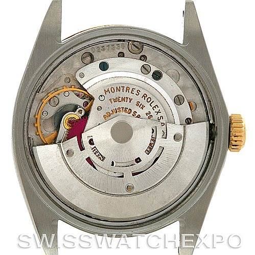 This image shows the back view of the movement mechanism of a Vintage Collection model by Rolex.