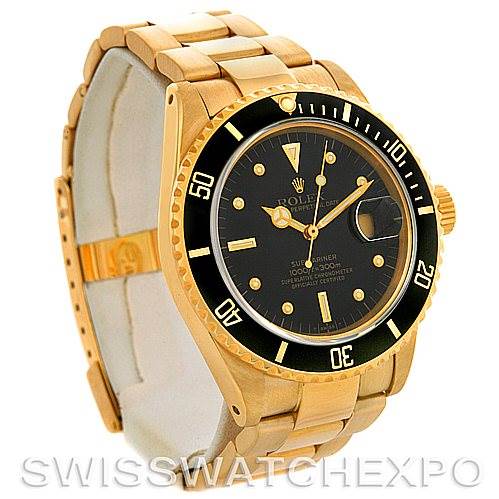 This image shows a side and front view of a gold Rolex Vintage Collection 16808 Men's Yellow Gold Black Dial 16808 Men's Yellow Gold Black Dial Submariner watch with a black dial and bezel.
