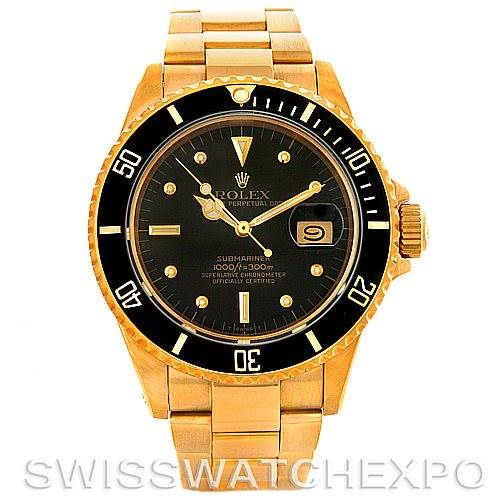 This image shows a front view of the Rolex Vintage Collection 16808 Men's Yellow Gold Black Dial 16808 Men's Yellow Gold Black Dial Submariner, highlighting the dial, bezel, and band.
