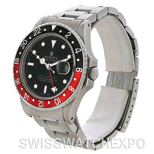 This image shows a side angle of a Rolex Vintage Collection 16760 Men's Stainless Steel Black Dial 16760 Men's Stainless Steel Black Dial watch, highlighting its face, bezel, crown, and bracelet.