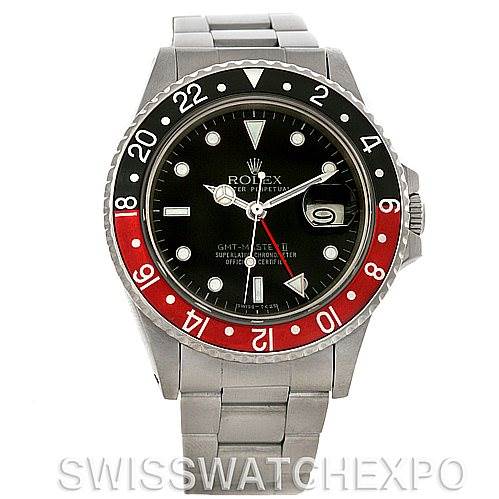 This image shows the face, bezel, and bracelet of the Rolex Vintage Collection 16760 Men's Stainless Steel Black Dial 16760 Men's Stainless Steel Black Dial GMT-Master II watch from a front angle.